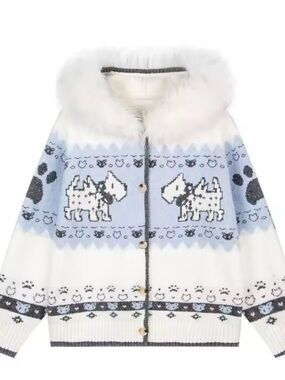 Faux Fur Hooded Dog Motif Knit Cardigan - Light Blue & White